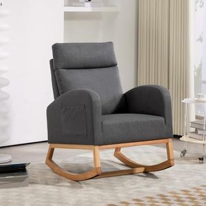 GarveeHome Rocking Chair Nursery Glider Chair, Upholstered Rocking Chair for Nursery with Rubber Wood Legs, Comfy High Backrest, Side Pockets, Armchair for Living Room, Bedroom, Dark Gray