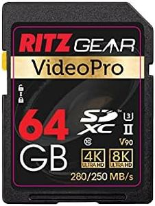 Ritz Gear 64GB High-Speed SDXC UHS-II SD Card, C10, U3, V90, Full-HD & 8K Memory Card for DSLR, Cinema-Quality Video Cameras