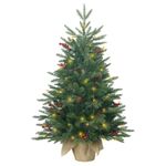 Pre-lit Christmas Tree 90cm/3ft,Artificial Xmas Tree with 185 PE & PVC Branch Tips & 12 Red Berries & 10 Pinecone & 70 LED String Lights & Burlap Wrapped Base for Tabletop,Battery Operated