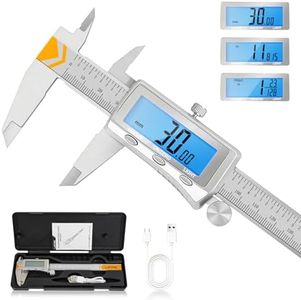 Digital Caliper, Rechargeable Caliper Measuring Tool with Backlight LCD Screen,Vernier Dial Caliper Stainless Steel with Auto-Off Feature,Inch Metric Fraction Conversion, for Jewelers/Woodworkers/DIY
