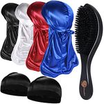 4+2 Silky Durags with Wave Brush for Men 360, Curved Medium/Hard Hair Brush Kits,A