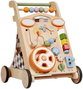GROWNSY Wooden Baby Walker with Wheels Adjustable Speed, Baby Push Walker with Detachable Busy Board 7 Different Montessori Toys, Baby Gifts & New Parents Gifts for Boys & Girls (Wood Color)