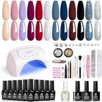 Beetles 12 Colors Gel Polish Starter Kit with 48W UV LED Lamp Cured Base Top Coat Nude Gray Pink Blue Gel Polish Glitter Powder DIY Nail Art Rhinestone Gems Gifts for Women Girls