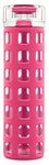 Ello Syndicate Glass Water Bottle with One-Touch Flip Lid and Protective Silicone Sleeve and Carry Loop, BPA Free, Dishwasher Safe, Pink, 20oz