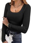 Ekouaer Womens Long Sleeve Shirts Square Neck Slim Fit Basic Tops Casual Ribbed Undershirts Thermal