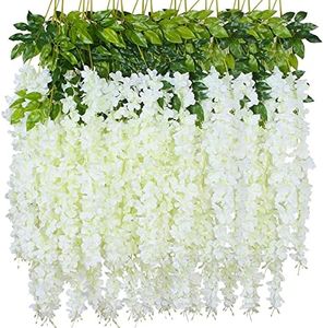Planthouse 12pcs Artificial Fake Wisteria Vine Hanging Garland 3.6Ft/Piece Silk Flower,Artificial Flower, Fake flowerfor Home Garden Wedding Decor (White)