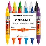 MOLOTOW ONE4ALL Acrylic Twin Pump Marker Main 1 Set, 12 Markers, Dual Tips: 1.5mm Nib and 4mm Nib, Assorted Colors, 1 Set Each (200.480)