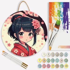 Anime Paint by Numbers Kit for Adults on Wood Board – DIY Girl in Kimono with Cherry Blossoms Wood Craft Painting Kit, 12 in Round Wood, Acrylic Paint Set, Beginner-Friendly, Relaxing Home Decor Gift