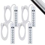 GE 6-Outlet Surge Protector, 4 Pack, 10 Ft Extension Cord, Power Strip, 800 Joules, Flat Plug, Twist-to-Close Safety Covers, Protected Indicator Light, UL Listed, White, 68618