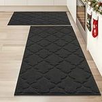 COSY HOMMER Nonslip Kitchen Rug Set 2 Pack, 51x76cm+51x122cm, 100% Polyester Absorbent Soft Kitchen Floor Mats Carpet Rug Mat Runners,Machine Washable & Anti-skid TPR Backing,Black