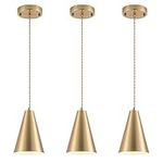 DIJIAHUA Gold Pendant Lights Kitchen Island,Dining Room Light Fixtures Over Table 3 Pack with Brushed Brass Cone Metal Shade, Farmhouse Mini Chandeliers,Adjustable Cord Hanging Lighting for Bar,Sink