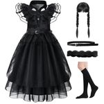 Gothic School Girl Costume Princess Costume Black Dress Kids Dress Up with Wig Cosplay costume Kids Black Mesh Flare Dress Up Halloween Carnival Party Outfits Fancy Dress Up 02,150cm