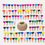 100 pcs Mini Wooden Heart Pegs, Colorful Wooden Clothespins, Wood Heart Shape Pegs Photo Paper Clips with 30 Meters Jute Twine for DIY Arts and Crafts, Weddings Events Decorations