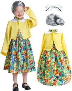 IKALI Costume da bambina per bambina, vestito da nonna, vestito da vecchia signora per il giorno della scuola con parrucca del capo, catene per occhiali, cinturino, 5 pezzi
