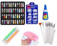 Khelni Nail Art Kit - 48 Pcs Glass Bottles Glitter Stones, 100 Nails, Nail UV Lamp, 15 Nail Art brush, 5 Nail Dotting Pen with 1 Glue