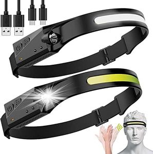 LED Headlamp Rechargeable, Bright Headlamp Flashlight, 350 Lumen Wide Beam, Motion Sensor, 230° Illumination & Spotlight (Black B-2PACK)