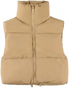 UANEO Cropped Puffer Vest Women Zip Up Stand Collar Sleeveless Padded Crop Puffy Vests, Khaki, Small