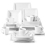 MALACASA Plates and Bowls Sets, Square Dinnerware Sets for 6 (30pcs), Kitchen Dish Set, Porcelain White Dinnerware Set with Dinner Plates, Dessert Plates, Soup Bowls, Cups and Saucers, Series Blance