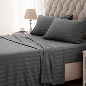 SLEEP ZONE Striped Cooling Sheets Set King Size - Fitted Flat Sheet & Pillowcase Sets 4 Piece - Super Soft Stripe Bed Sheet, Easy Care, Deep Pocket (Gray, King)