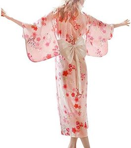 HongH Women's Floral Print Traditional Japanese Kimono Goldfish Obi Belt Blossom Yukata Robe Costume Set, 04# Long Pink, Large