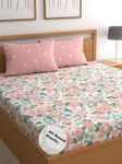 LOOMLYFE Cotton Feel Glace Cotton Elastic Fitted Printed King Size Double Bed Bedsheet With 2 Pillow Covers Fits Upto 8 Inches Mattress,Size- 72X78X10 Inches,Pinkflower, 300 Tc