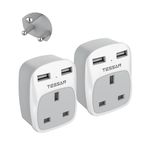 UK to India Plug Adapter 2 Pack, TESSAN Grounded UK to India Travel Adapter with 2 USB Ports, Plug Socket Adaptor UK to Sri Lanka, Pakistan, Burma, Maldives, Iraq, Namibia, Nepal, Yemen, Zambia Type D