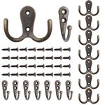 16 Pcs Coat Hooks, VEGCOO 8 Pcs Double Prong Robe Hooks & 8 Pcs Single Coat Hooks with 32 Screws for Door & Wall, Heavy Duty Metal Door Hooks Clothes Towel Hooks for Hanging Robe Coat Bag Hat (Bronze)