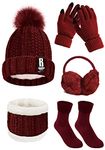 UMIPUBO Women Winter Knitted Hat and Scarf Set Ski Outing Set Plush Ear warmers Scarf Beanie Hat and Touch Screen Gloves Earmuffs Stockings Set for Outdoor Sports (One size, Red wine)