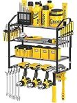 Mutool Power Tool Organizer Storage Rack Wall Mount Drill Holder for 4 Power Drill Tools, Mesh anti-drop design, Tool Shelving with Side Screwdriver Rack and hooks for Garage, Workshop (Black)