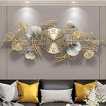 FINE DECOR Golden Leaf Metal Analog Vintage Wall Hanging Designer Wall Clock For Living Room, Antique Home Décor Items For Living Room & Decorative Items For Wall Décor (Size 36 * 15 Inch)