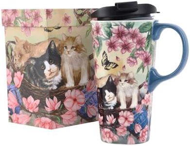 TZSSP Coffee Ceramic Mug Travel Mug Porcelain Latte Tea Cup With Lid 17oz,Novelty Coffee Mugs for Office & Home Flower and Cat
