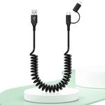 USB to USB-C and Lightning Cable 2 in 1 Support Apple Carplay & Android Auto [MFi Certified]3A Fast Charge & Data Sync,Short Coiled Lightning and USB C Cable for iPhone 15/14/13/12/Android-Black