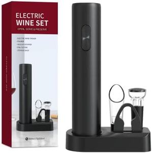 Black Electric Wine Bottle Opener Set 5-in-1 Wine Tool (Electric Bottle Opener+Pourer+Vacuum Stopper+Tin Cutting Knife+Storage Base) Wine Enthusiast Gift Essential for Home Bars