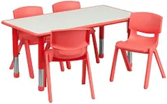 Flash Furniture Emmy 23.625''W x 47.25''L Rectangular Red Plastic Height Adjustable Activity Table Set with 4 Chairs