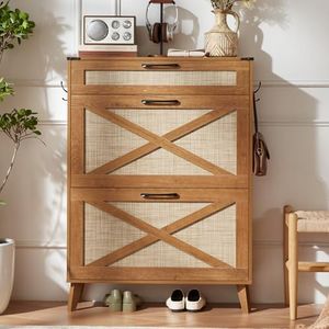 LEYAOYAO Shoe Storage Cabinet for Entryway with 2 Rattan Flip Drawers, Boho Narrow Shoe Cabinets for 16-20 Pairs Shoes with Large Drawers, Hidden Slim Shoe Rack with Wood Legs for Hallway, Tea Brown