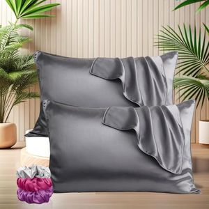 SITTELLA® Set of 2 Satin Silk Pillow Cover and 3 Free Scrunchies with Envelope Closure End and, Soft Case for Hair Skin (Greysolid, 600 Tc, 72 X 46 Cm)