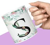 NH10 DESIGNS Colorful Floral Alphabet Letter S Printed Coffee Mug for Girls Boys Friends Love Kids Best Gift for Birthday Anniversary Initial Letter S,350 Millilitre, Ceramic - 350 Ml