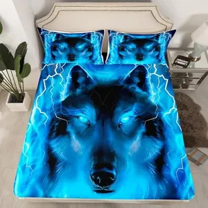 Wolf Bedding Set Safari Animal Pattern Bed Sheet Set Cool Wildlife Style Fitted Sheet for Boys Girls Kids Room Decor Glitter Blue Wild Wolf Lightweight Bed Cover Queen Size with 2 Pillow Case