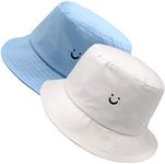 Bucket Hat Unisex 100% Cotton Embroidery Hat Packable Summer Travel Beach Sun Visor Outdoor Cap, Smile Face-2 Pack-white+blue, One Size