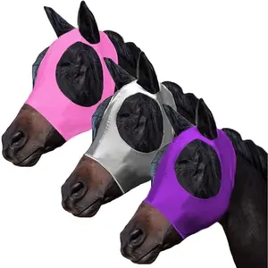 FOXLVDA 3 Pcs Horse Fly Mask with Ears, Breathable Elastic Fabric for Sun Protection for Medium/Large Size Adult Horses (Pink-Purple-Gray, Large)