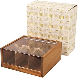 Acacia Wood Tea Bag Organizer Storage, 6 Compartments Tea Chest Box with Acrylic Transparent Hinged Lid by HTB