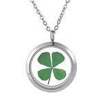 FM FM42 Silver-Tone Dried Leaves Lucky 4-Leaf Clover Round Glass Locket Pendant Necklace FN3059