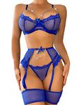 Aranmei Women's Lingerie Sets with Thigh Cuffs Sexy Underwear Set for Women Naughty 4 Pieces Garter Belt Lingerie Set Royal Blue L