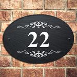 Slate House Signs Personalised Door Number Plaques for Wall Outside UV Printed Natural Slate Rustic Choice of 5 Sizes 6 Fonts Ideal For Home, Office, Gate, Porch(27x19cm Oval Decorative Pattern)