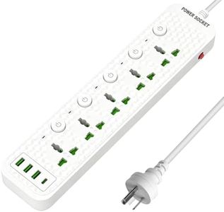 Pearyaest 9 in 1 Universal Power Board,3000W Surge Protector Power Strip with 5 Wide AC Outlets, 3 USB, 1 Type-C, Individual Switches, 1.8M Cable for Home, Ideal for Overseas Travel & Work