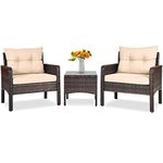 Tangkula 3 Piece Outdoor Patio Furniture Set for 2, Wicker Chairs with Glass Top Coffee Table, Thick Cushions, All Weather Garden Lawn Poolside Backyard Porch (Brown)