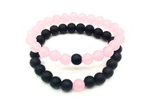 Set of 2 Womens Mens 8mm Handmade Couples Distance Beads Bracelets Friendship Couple Jewelry Round Energy Stone Beads Gemstone Beaded for Valentine Birthday (Pink chalcedony & Black Matte Agate)