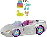 Barbie Extra Toy Car with Fashion Accessories & Puppy, Sparkly Silver 2-Seater Convertible with Hood Storage & Pet Pool