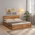 wakeup INDIA Solid Wood Queen Bed | 3 Year Warranty | Reveria Wooden Bed Queen Size | Wood Storage Bedroom Cot (Size-78x60 inch, Light Honey Finish Colour, DIY Assembly)