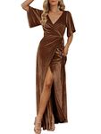 MEROKEETY Women's V Neck Wrap Velvet Maxi Dress Bell Sleeve Split Bridesmaid Cocktail Party Dresses, Brown, X-Large